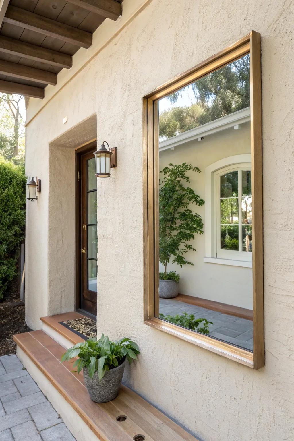 A weather-safe mirror in a recessed entry bounces light and makes the doorway feel deeper.
