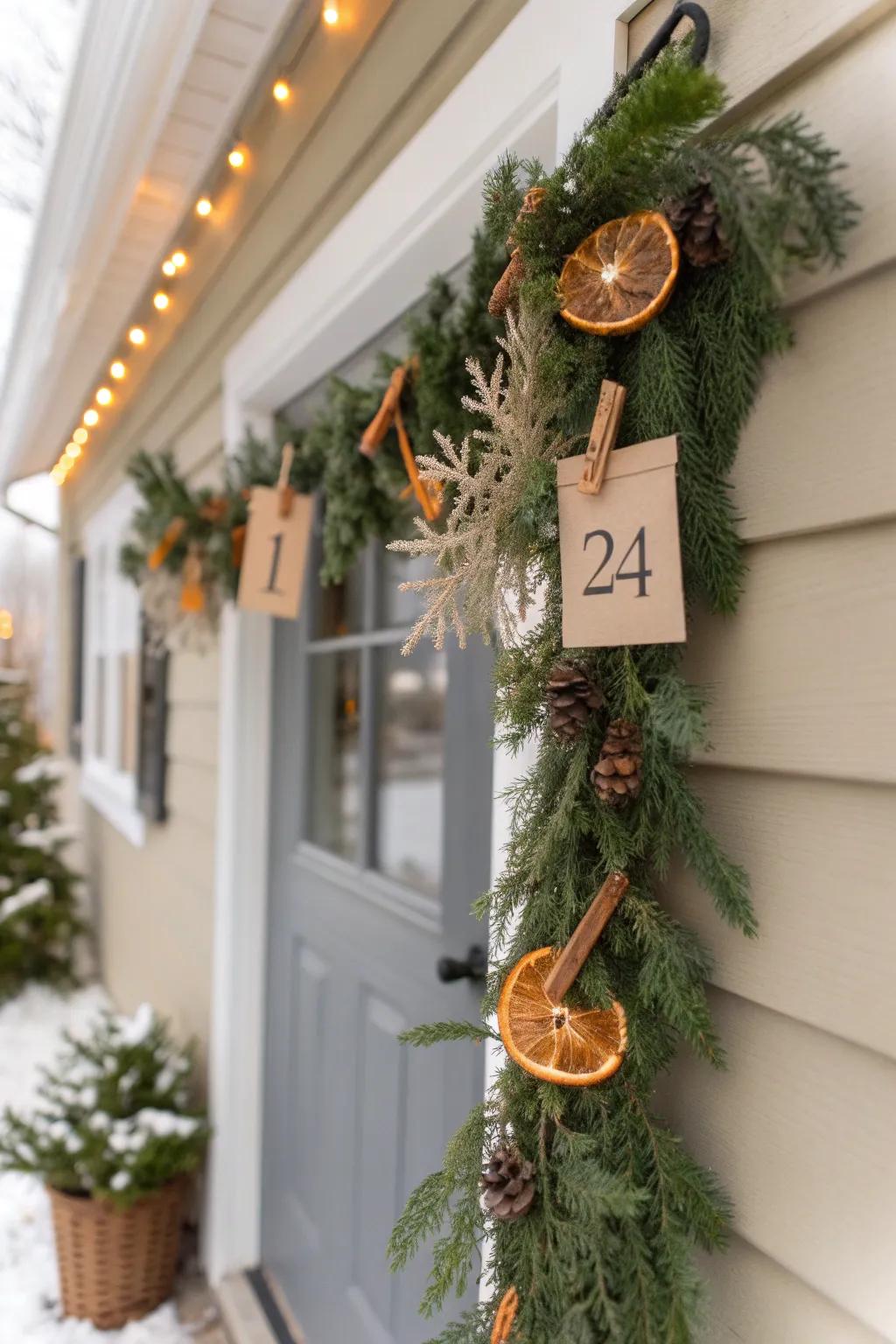 Space-smart outdoor advent garland by the door—vertical, minimalist, and magically festive.