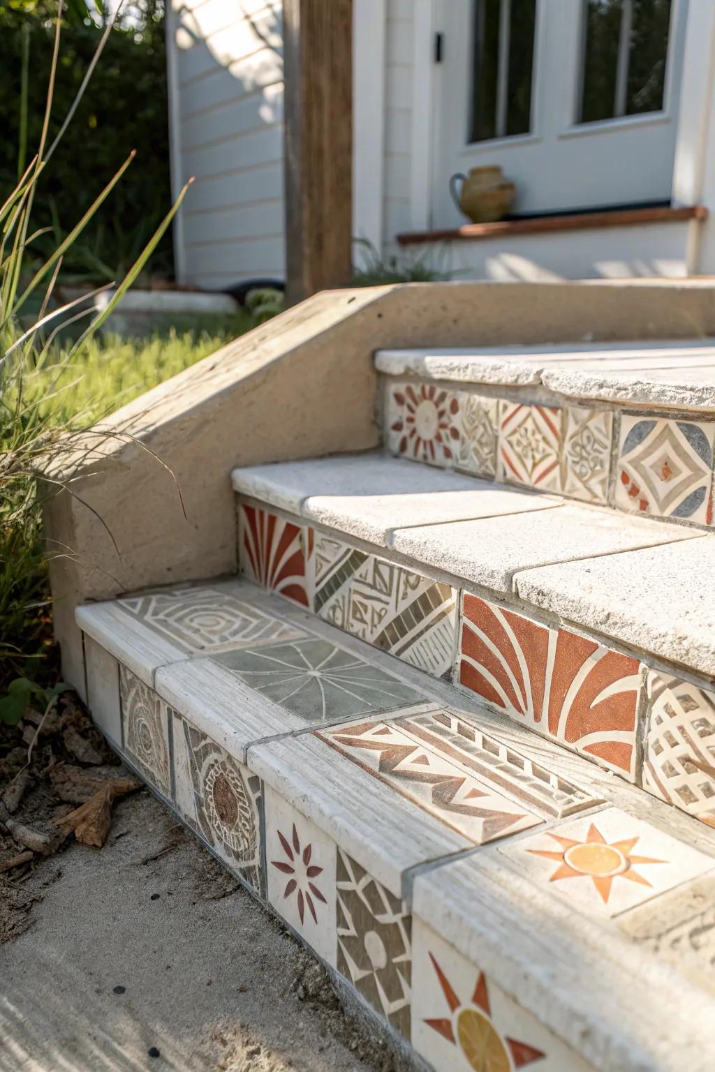 Turn one small step riser into a mini art-tile gallery—bold, handmade, and weather-ready.