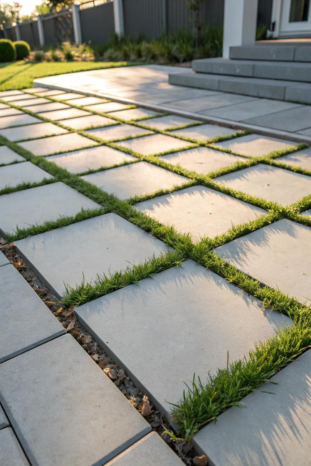 Geometric square pavers with slim green strips—clean, modern townhouse curb appeal.