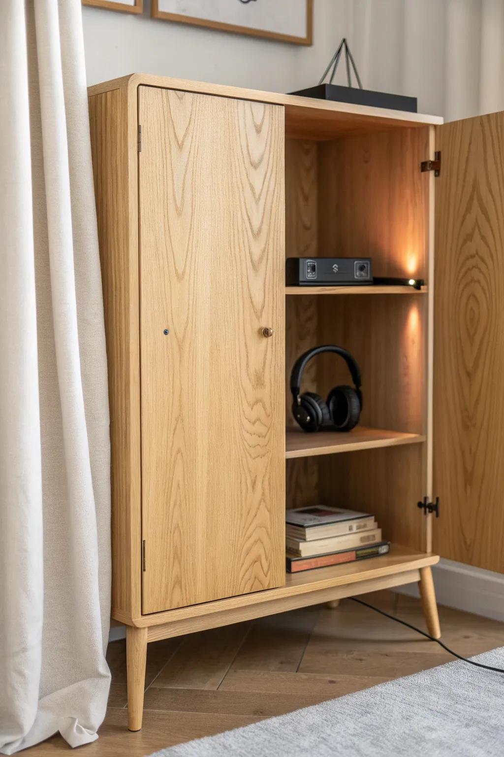 A secret gaming nook: hide your setup behind doors or a linen curtain for instant calm.