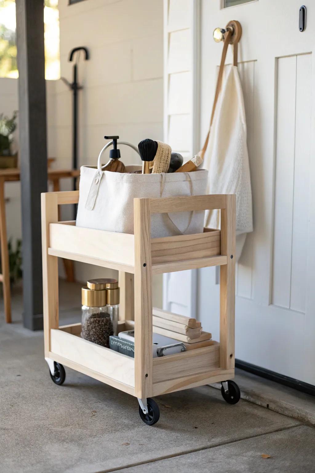 A rolling cart that slides under shelves—tidy storage that disappears when it’s time to park.
