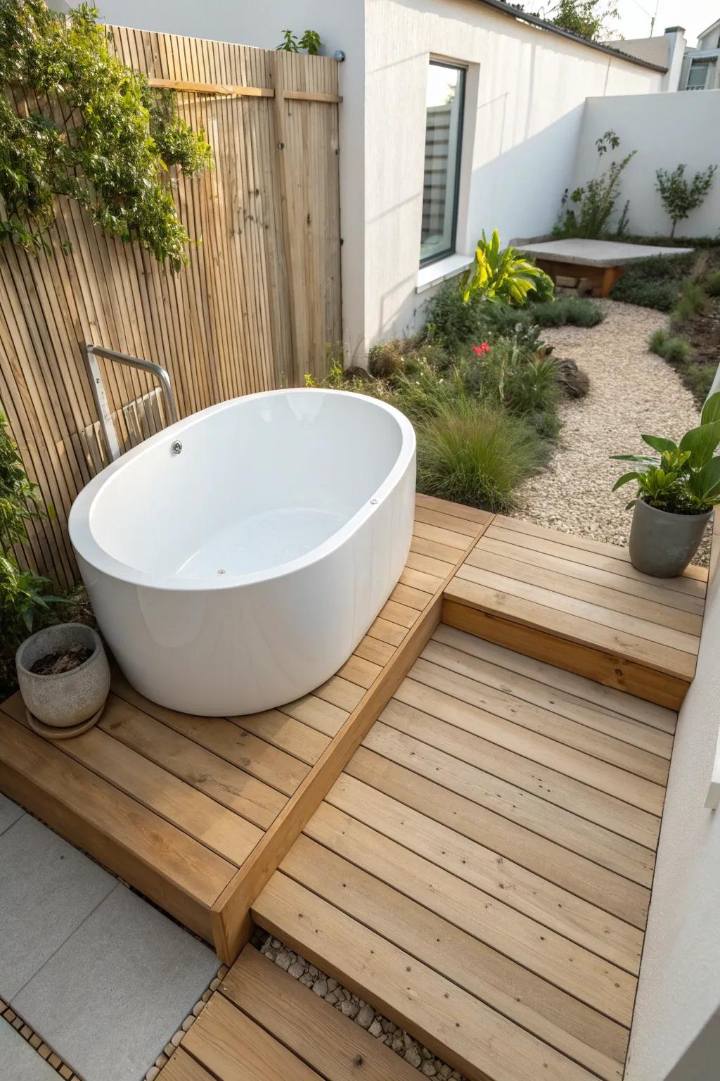 Wrap warm timber decking around a plunge tub for a small-garden corner that feels like a mini resort.