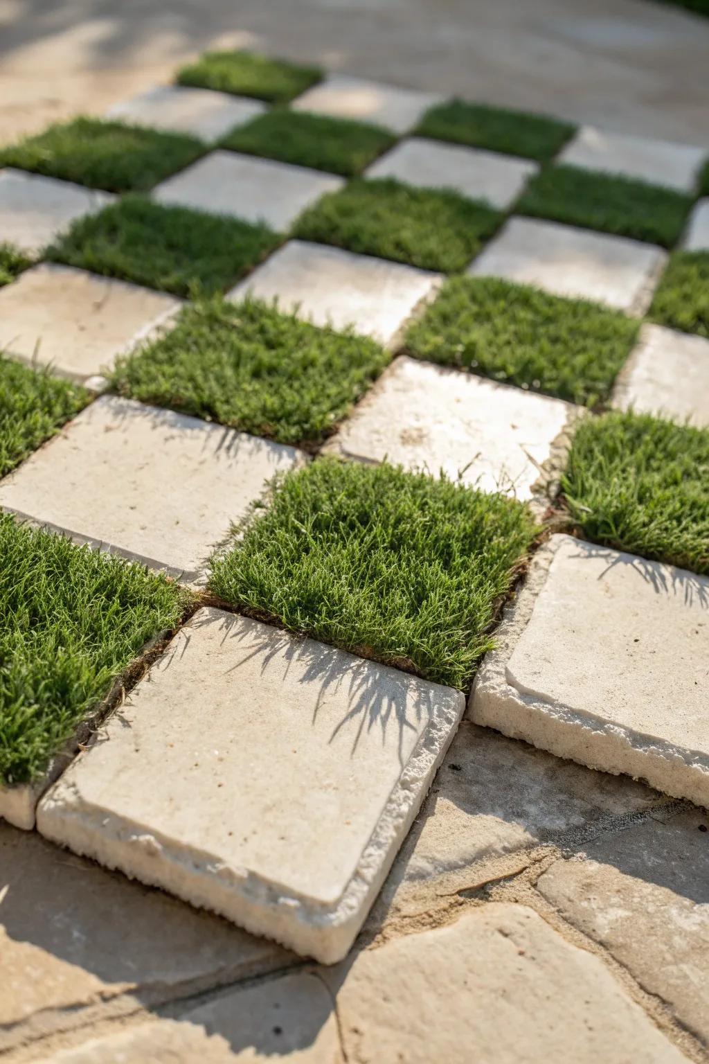 A playful checkerboard of faux turf and stone—big wow style that’s perfect for tiny gardens.
