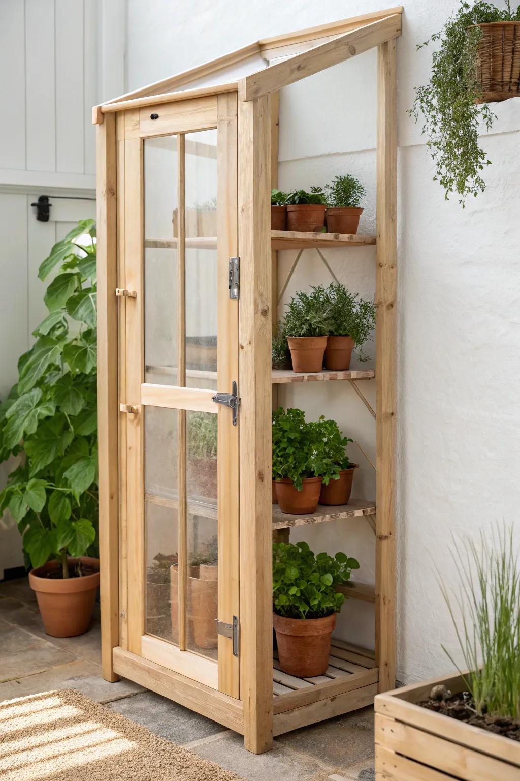 A slim “phone booth” greenhouse that fits tiny patios yet stacks plants beautifully.