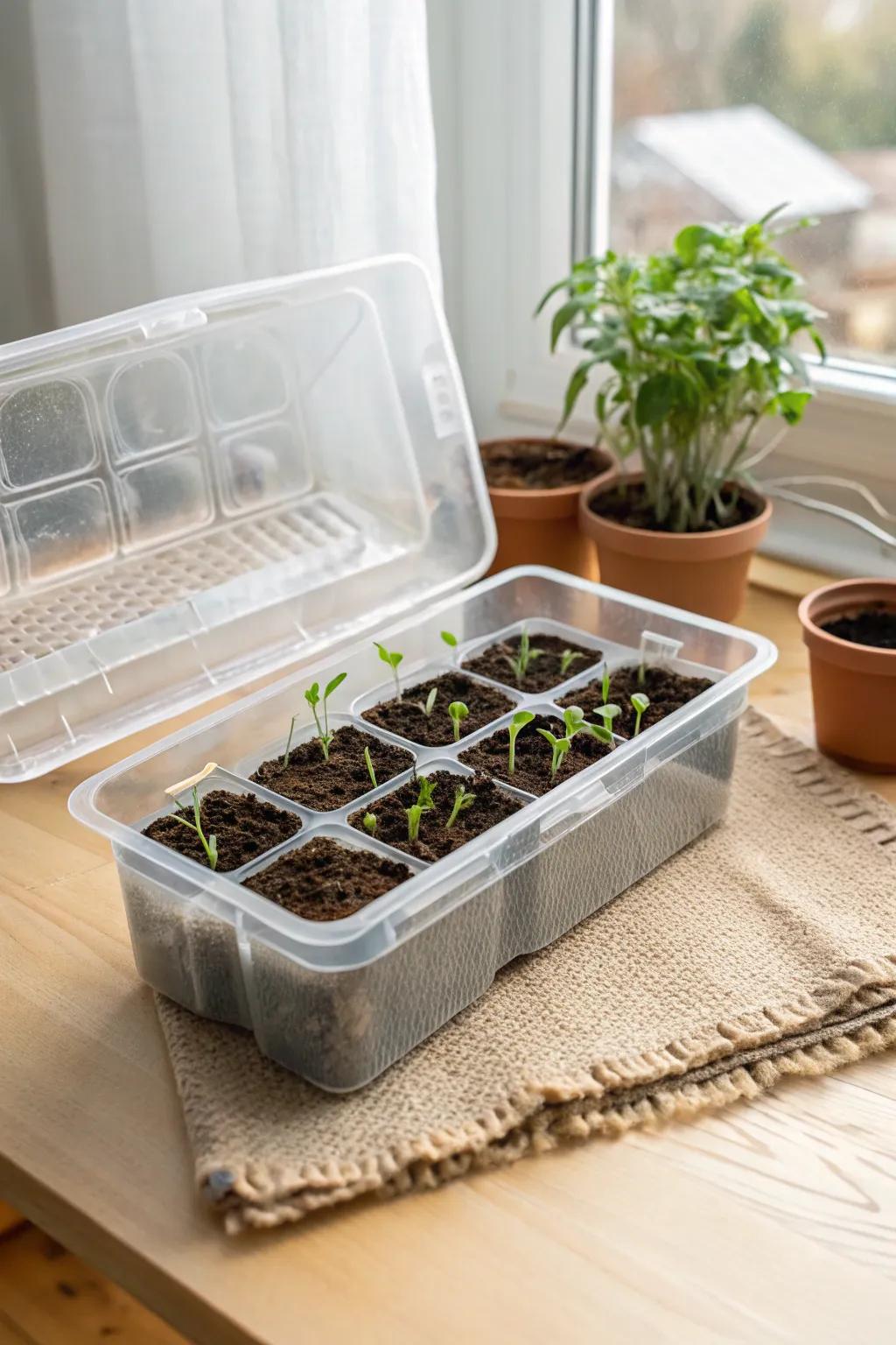 Turn a clear storage tote into a chic mini greenhouse—perfect for seedlings in tiny spaces.