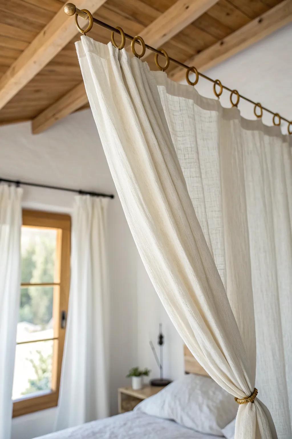 DIY linen canopy on ceiling hooks—instant boutique coziness for a tiny guest room on a budget.