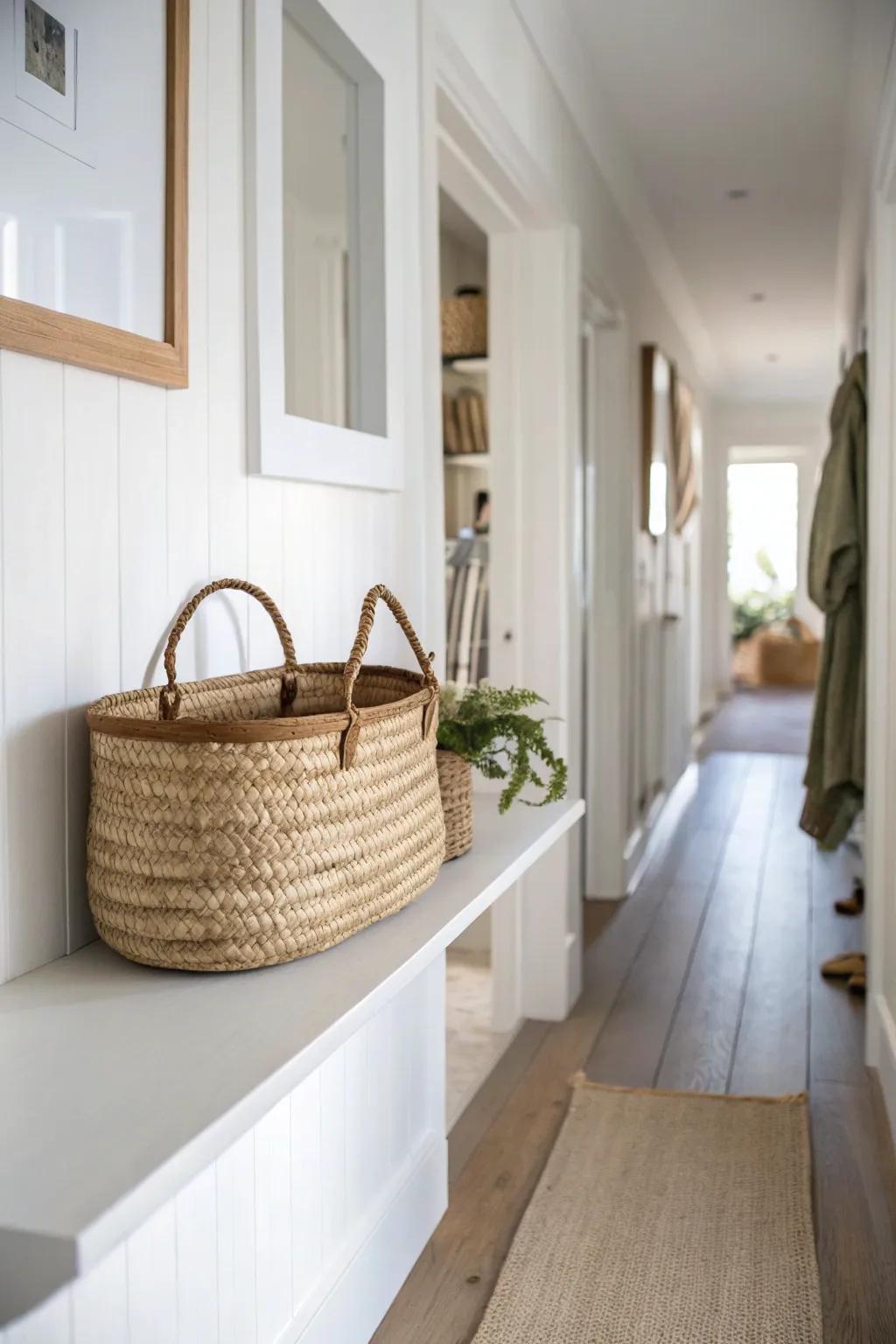 A high shelf + one beautiful woven basket keeps small hallway clutter hidden and chic.