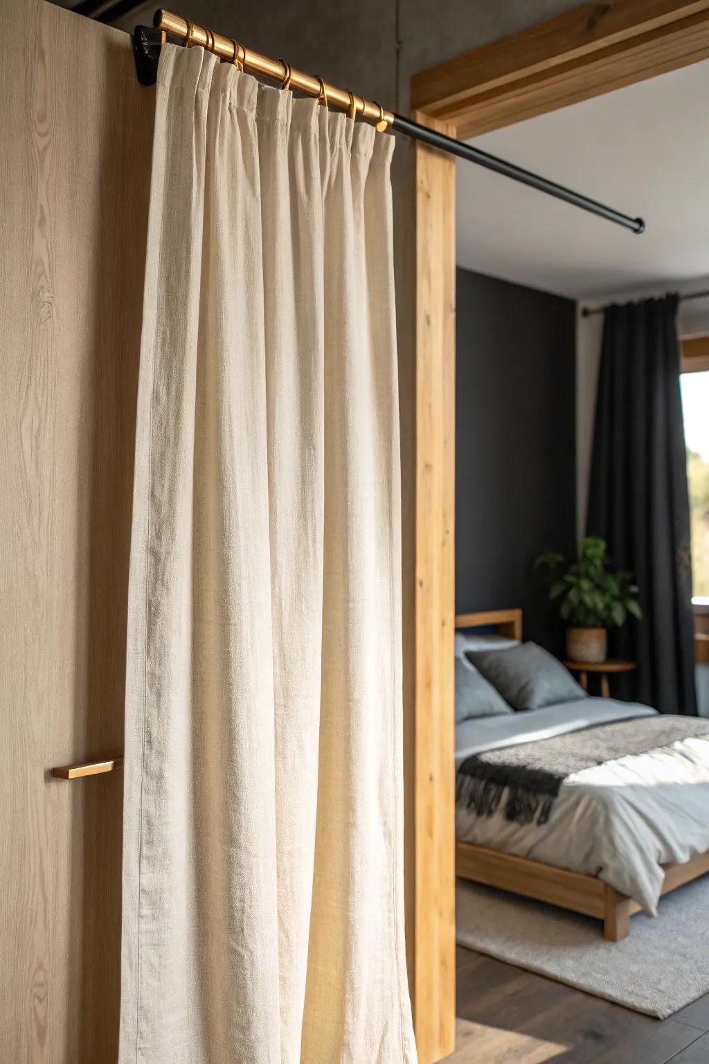 Swap closet doors for a linen curtain panel—an airy, renter-friendly fix for tiny bedrooms.