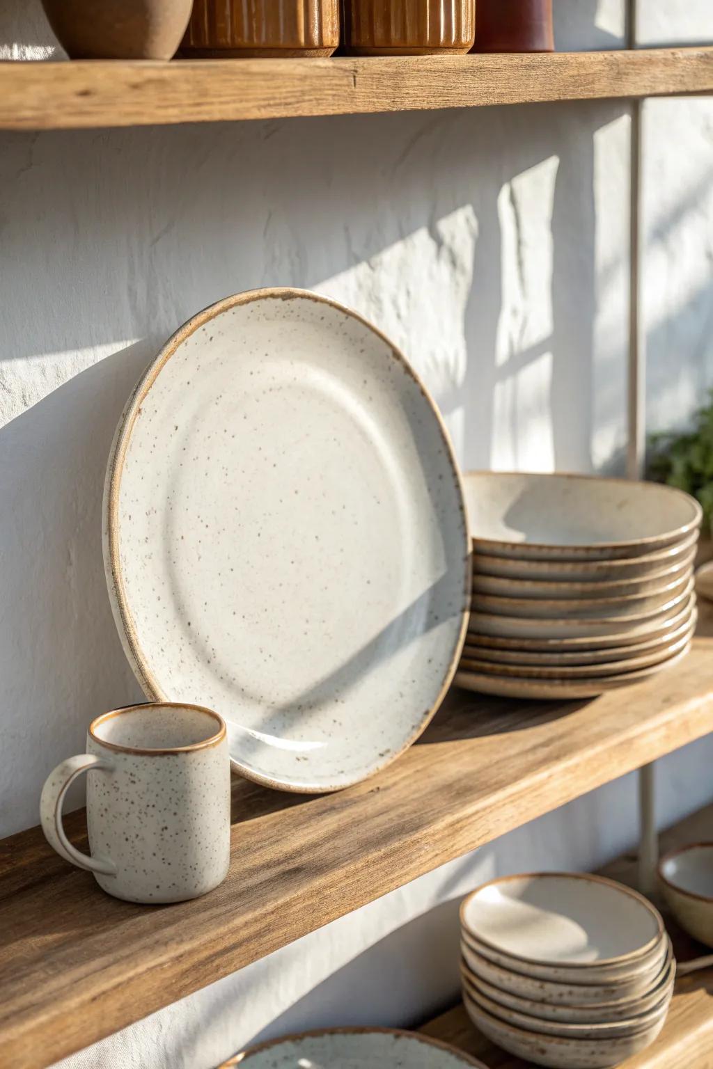 Style open shelves by repeating soft neutrals—one statement piece makes it feel intentional.