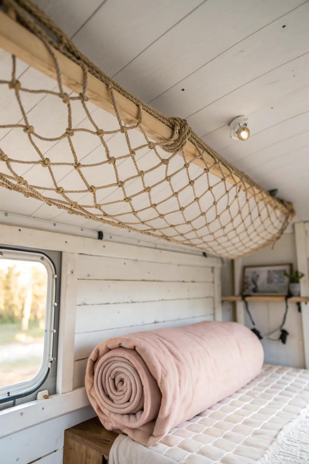 Ceiling cargo net storage: keep linens and a puffy jacket off the floor in tiny quarters.