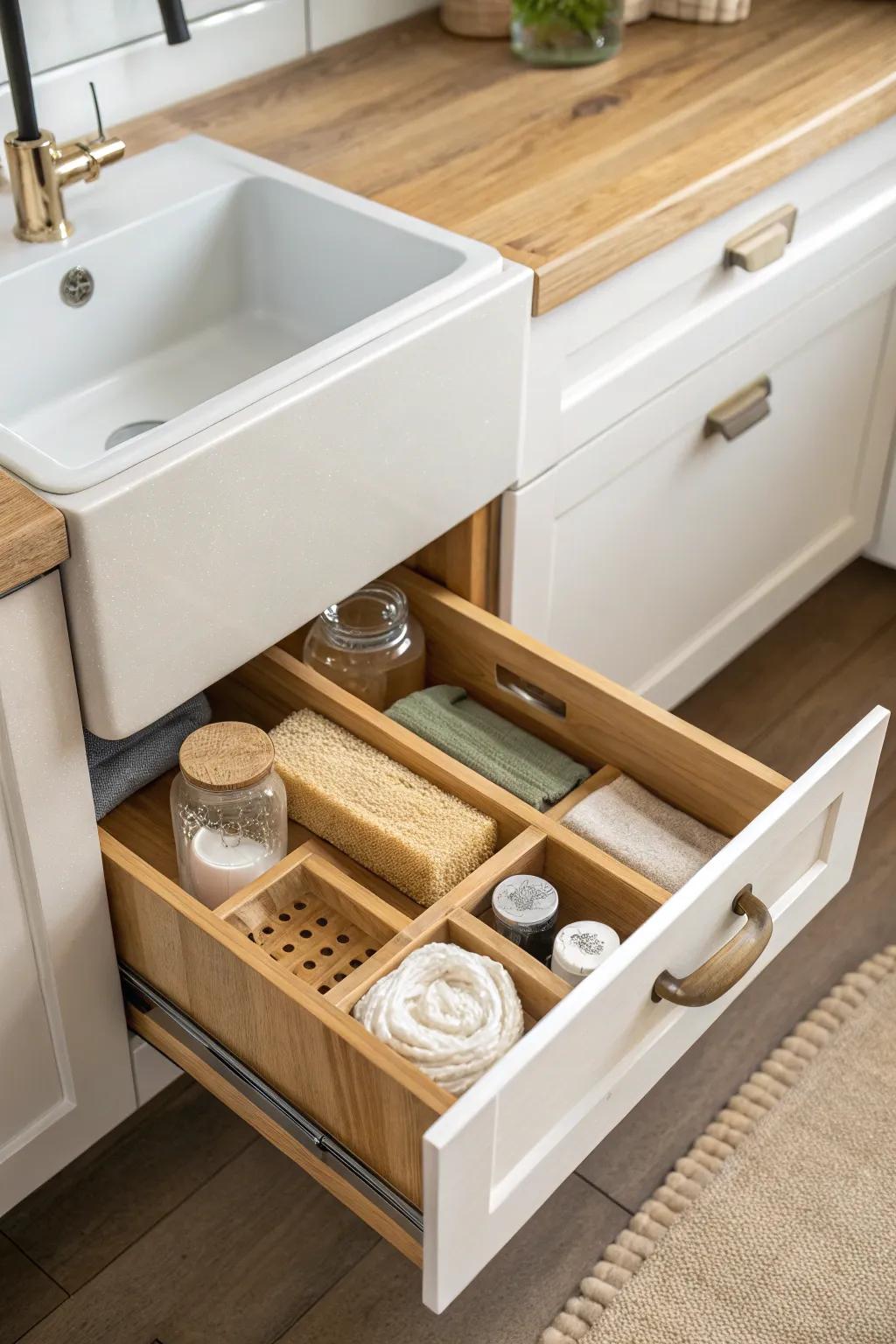 Hidden toe-kick pull-out: a calm, clutter-free sink zone for sponges, tabs, and bags.