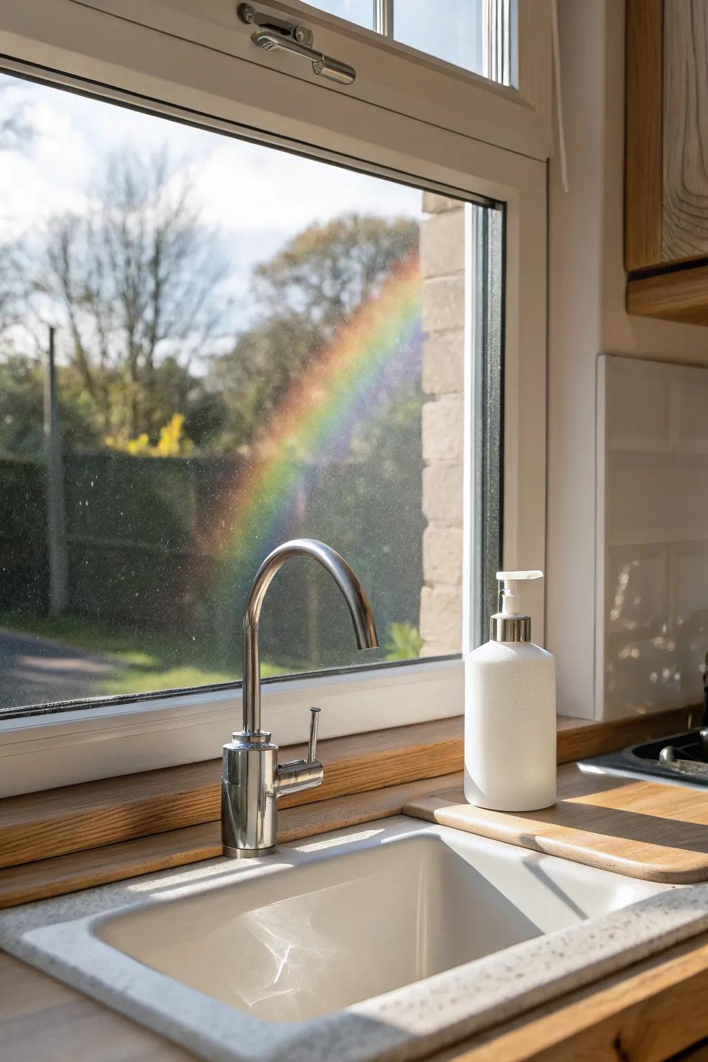 Prismatic privacy film turns your tiny sink window into soft, rainbow-lit magic.