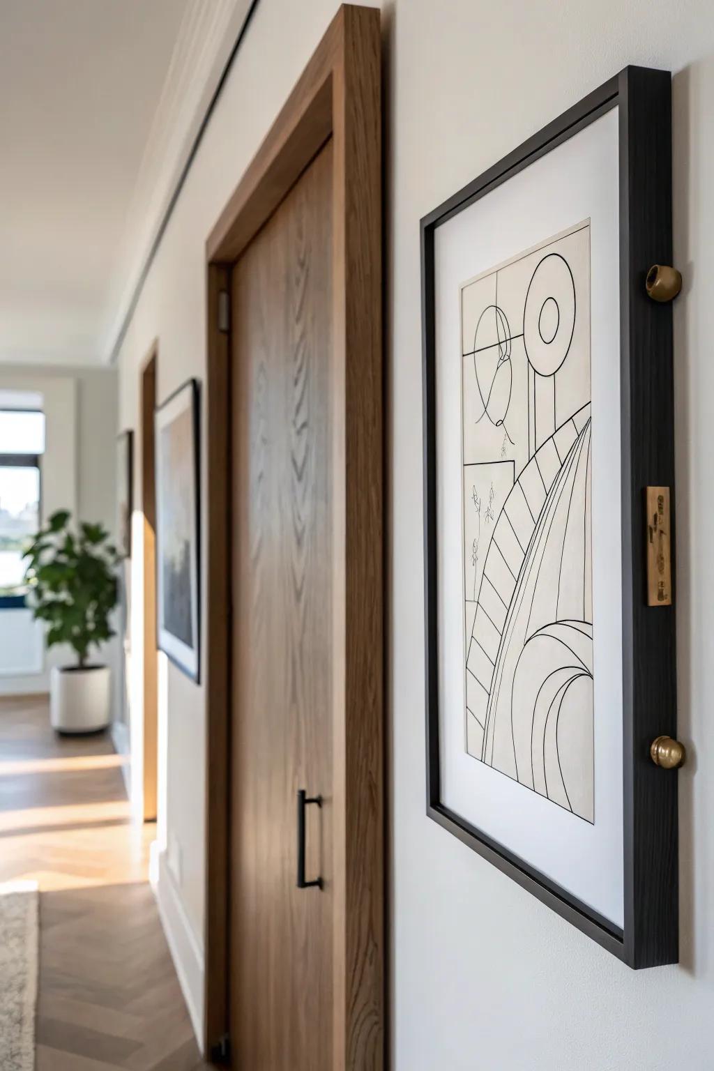 A minimalist art panel that swings open to reveal a secret bar—small-space drama, zero clutter.