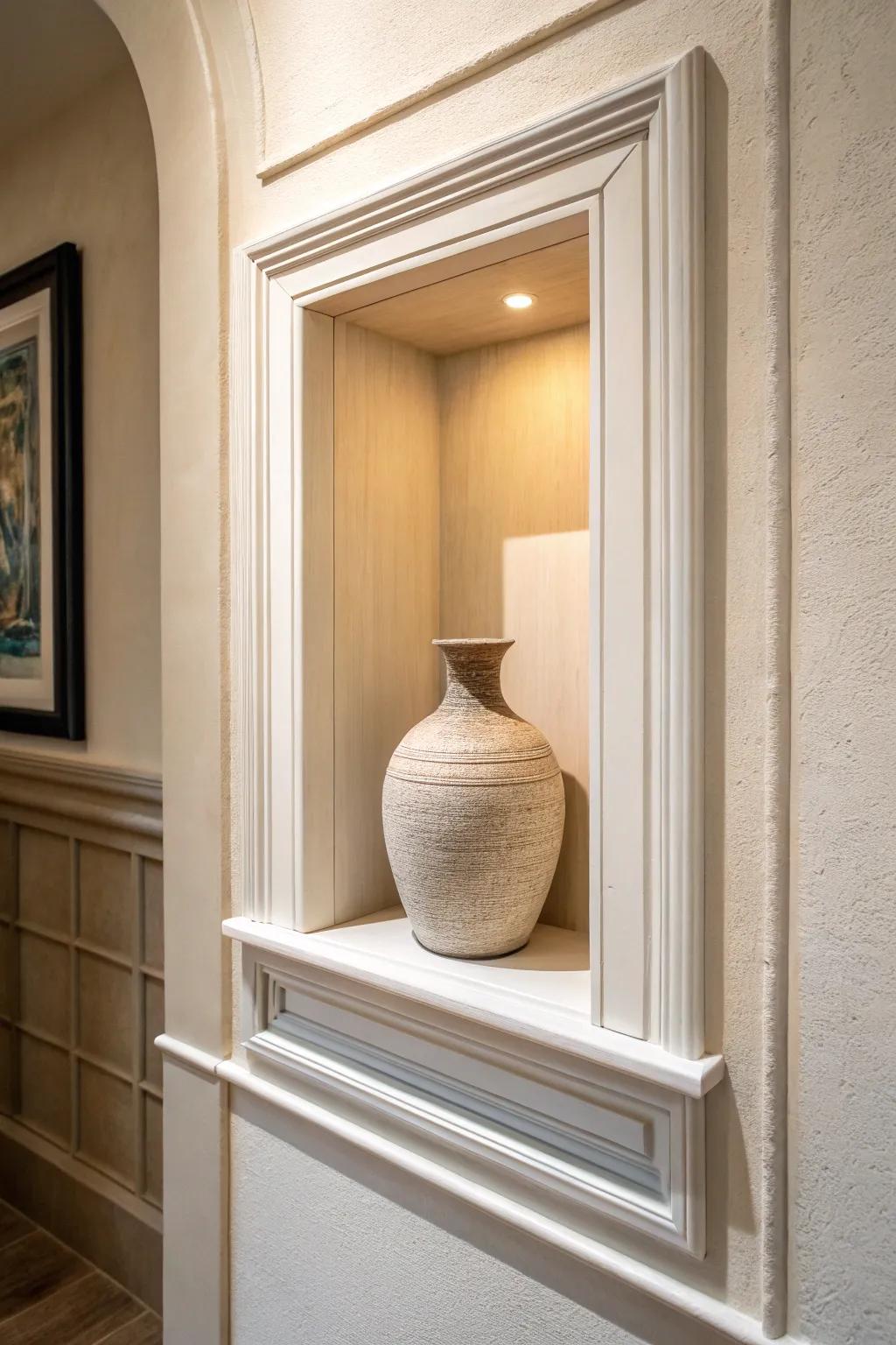 A recessed niche turns a tiny lobby wall into a custom moment—simple, warm, and tidy.