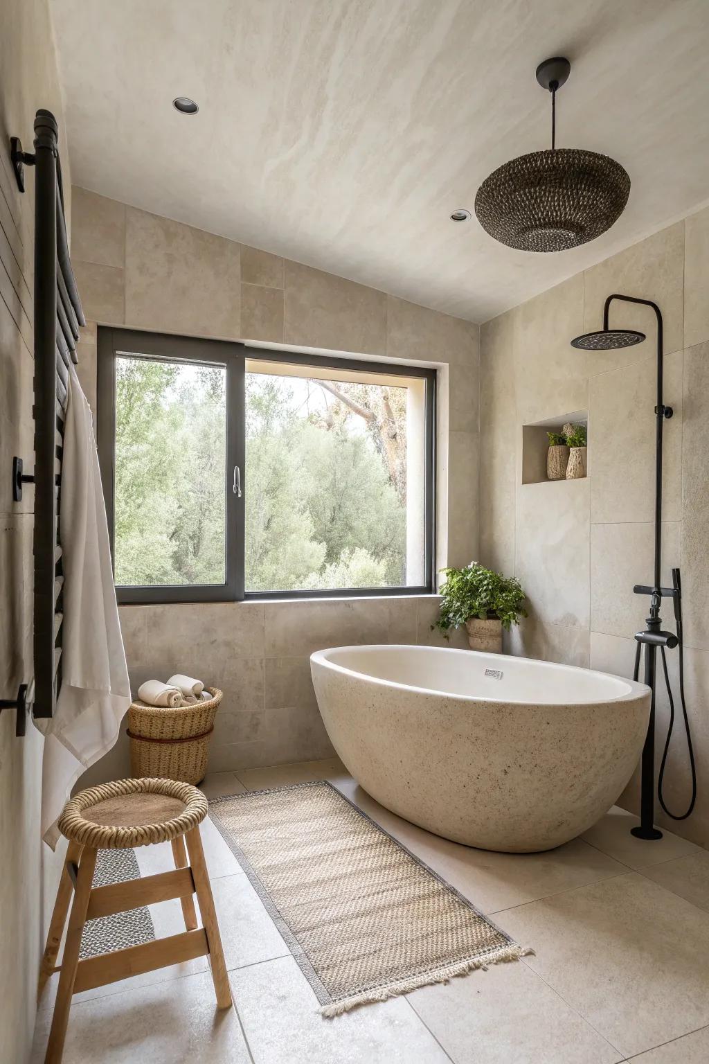 A compact wet room with a sculptural tub lets you enjoy both a rain shower and a relaxing soak.