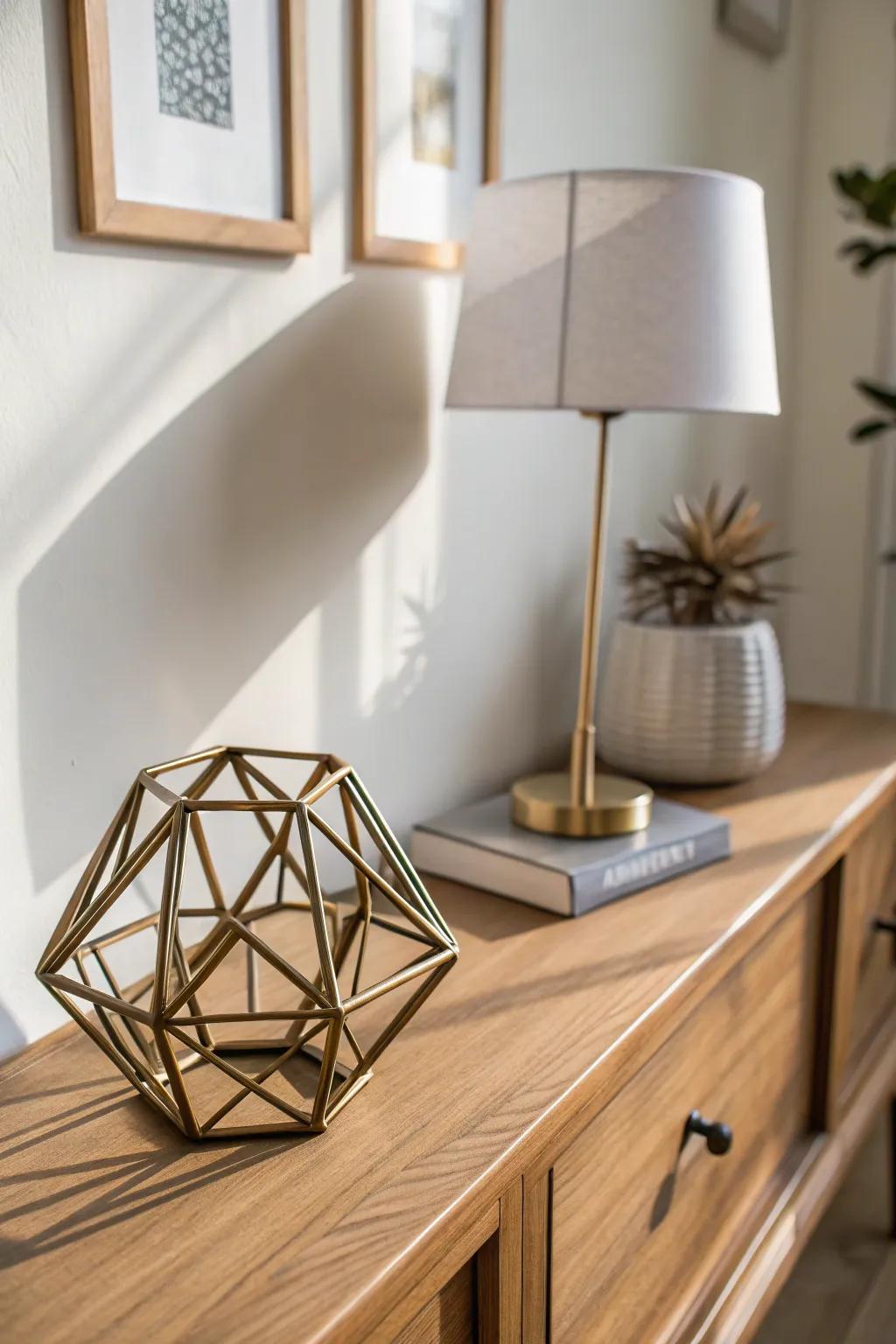 Tiny geometric metal sculpture that casts stunning shadows—minimal, cozy, and space-smart.