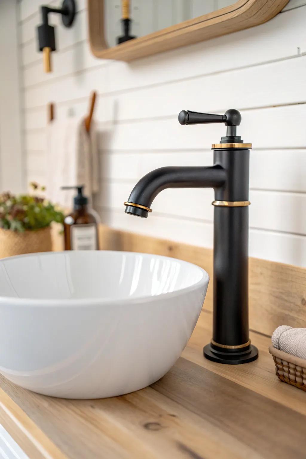 Two finishes, zero clutter: matte black faucet with a hint of warm brass for calm contrast.