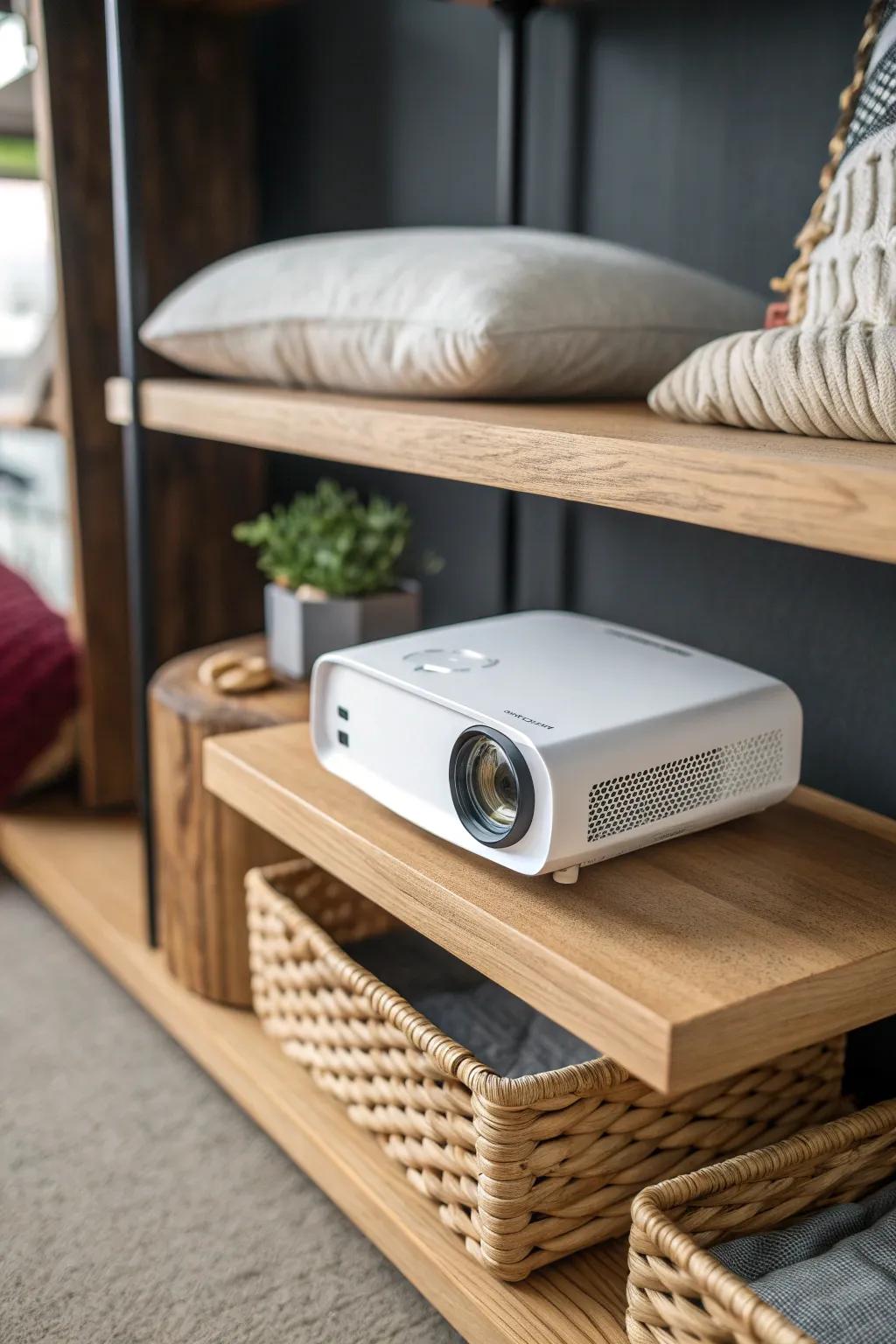 A deep closet, dark walls, and a tiny projector—your coziest mini movie room nook.