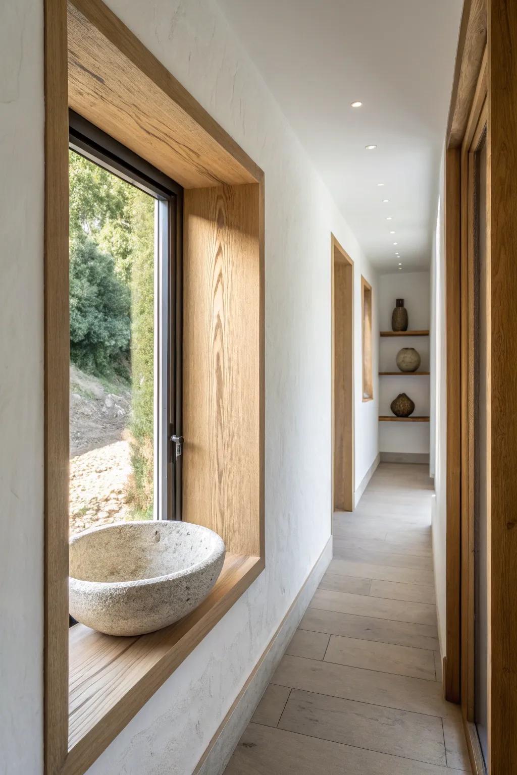 Between-the-stud niche in warm oak—sleek hallway storage that feels like original architecture.