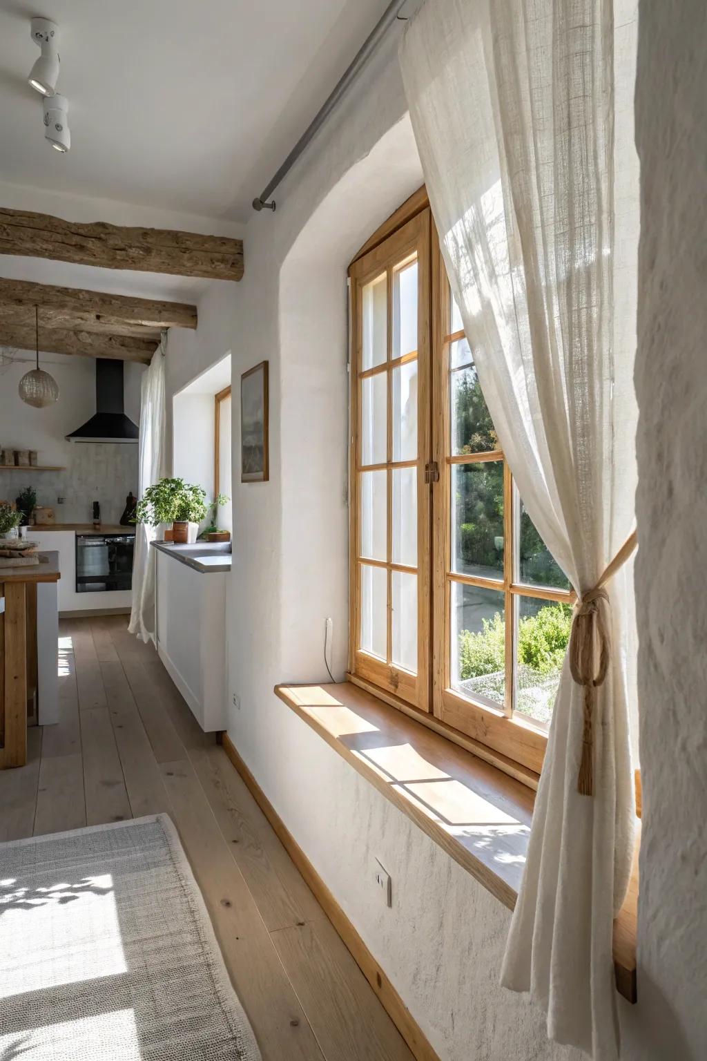 A light-oak interior window that borrows sunlight and opens up a narrow galley kitchen.