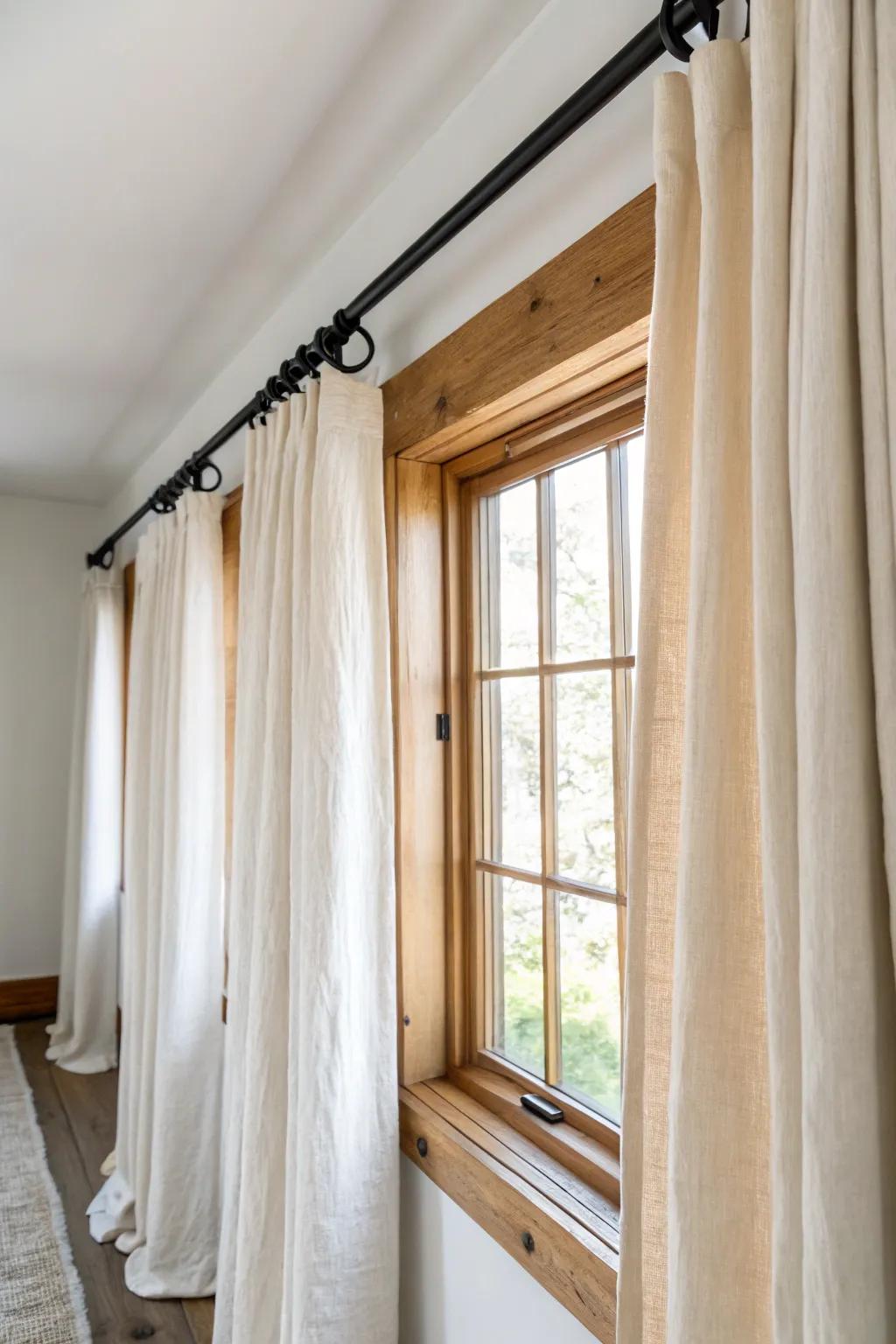 Hang curtains wider than the window to visually stretch a narrow living room—instant polish.
