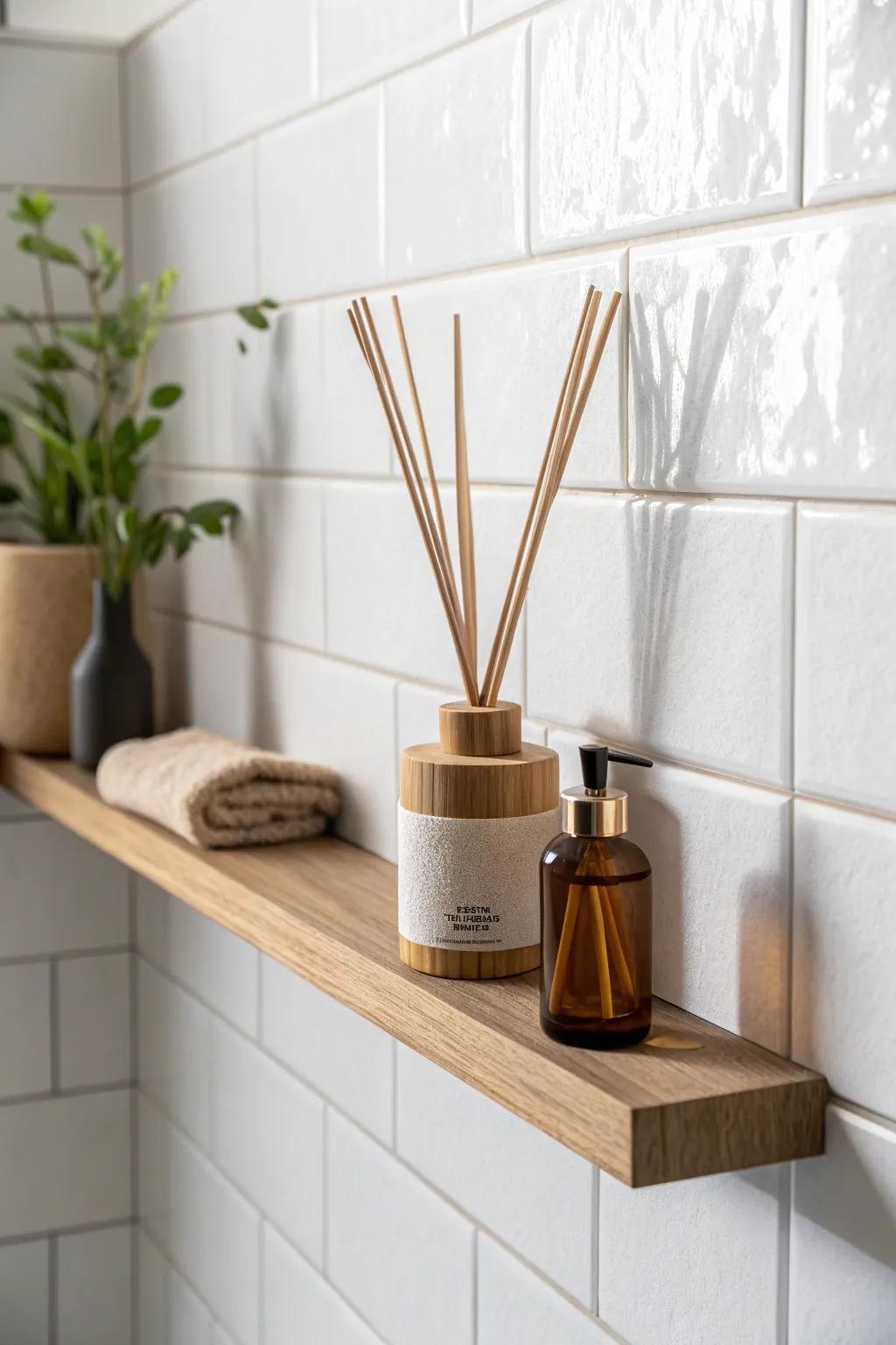 Quiet-luxury scent corner: a tiny wall shelf with diffuser + lidded jar for boutique calm.
