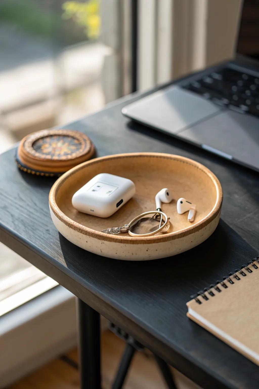 A “start work” landing tray keeps keys and earbuds in one calm, clutter-proof drop zone.