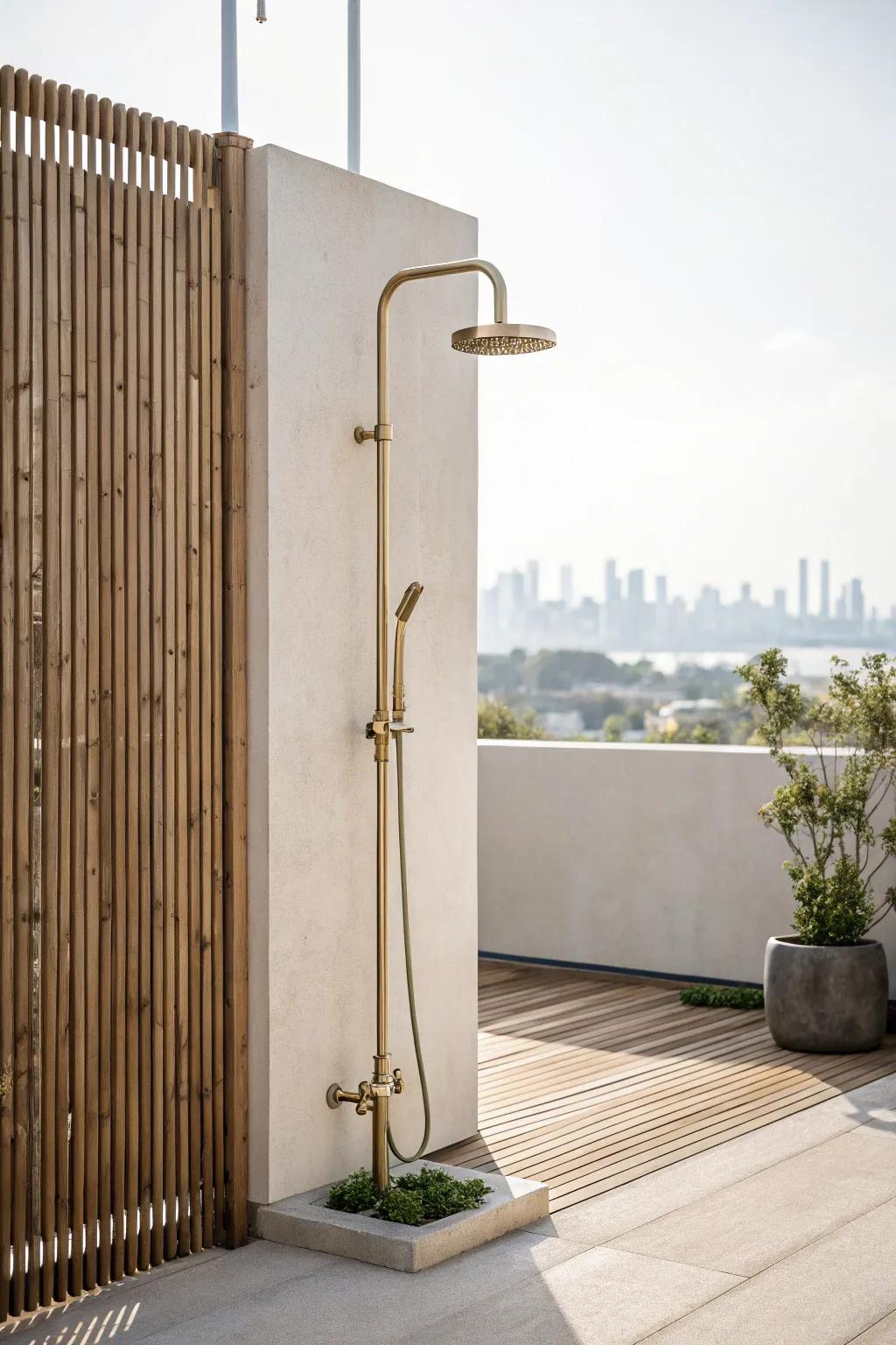 Rooftop micro shower corner: minimal brass, warm wood privacy, and crisp city-sky contrast.