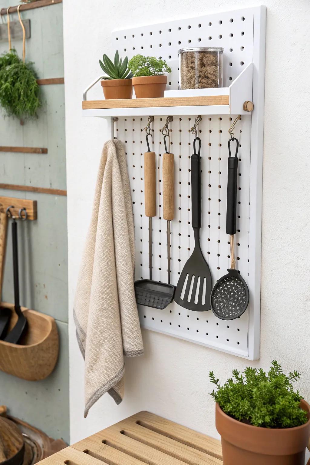A sleek pegboard BBQ wall turns a small patio into a pro-style station—organized and pretty.