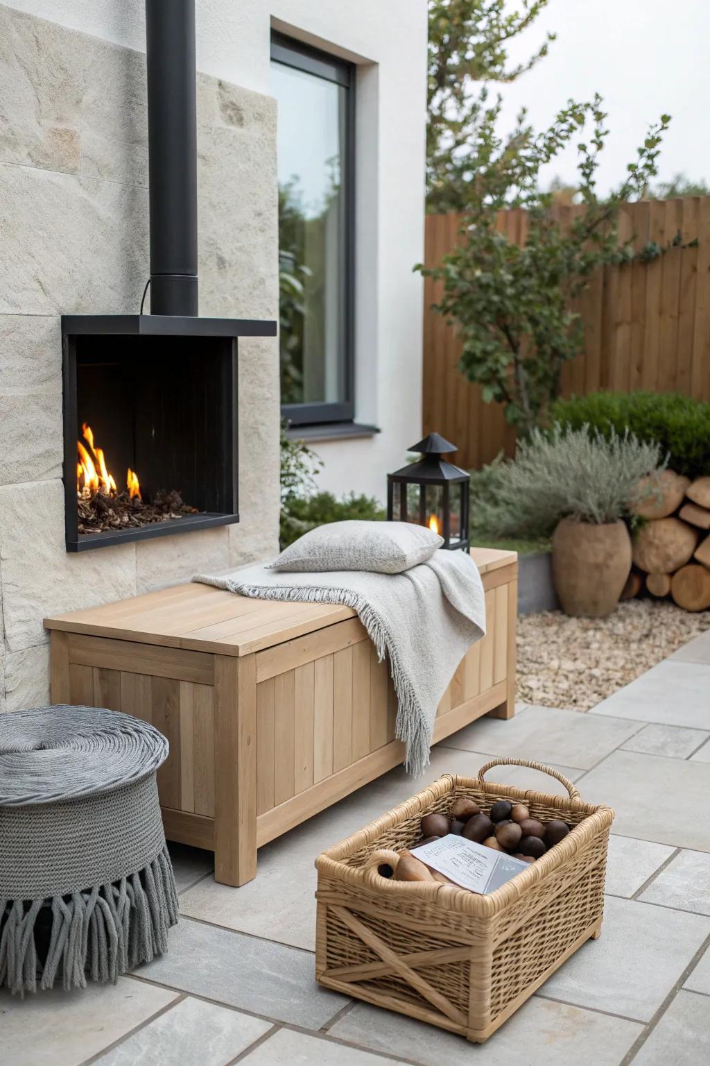 A sleek hidden-lid bench keeps blankets and fireplace essentials tucked away, clutter-free.