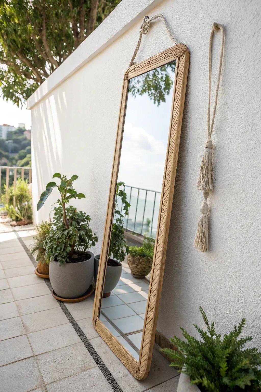 An outdoor mirror that bounces light and doubles the greenery for a bigger-looking patio.