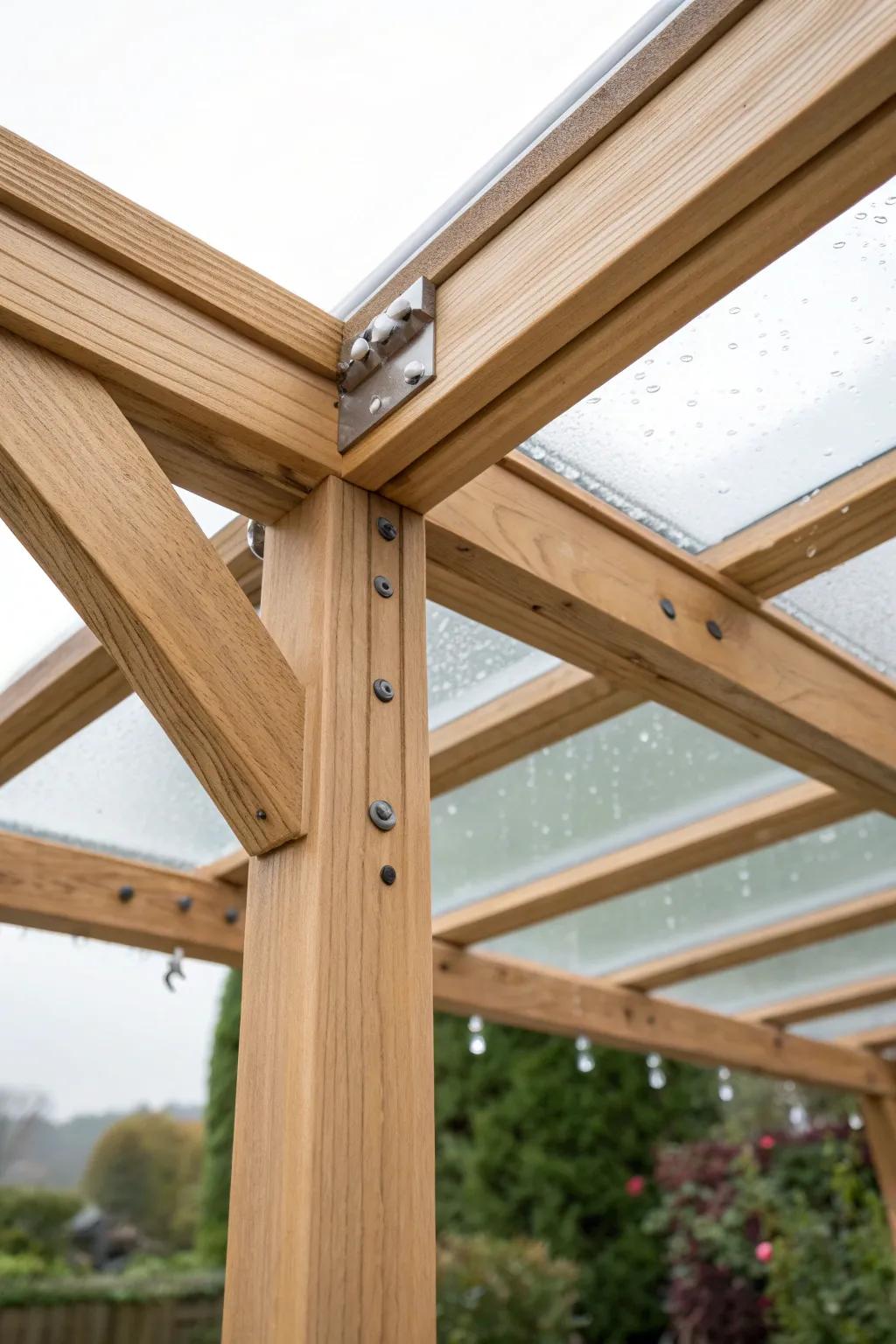 Clear roof panels on a petite pergola keep your patio bright—even on drizzly days.