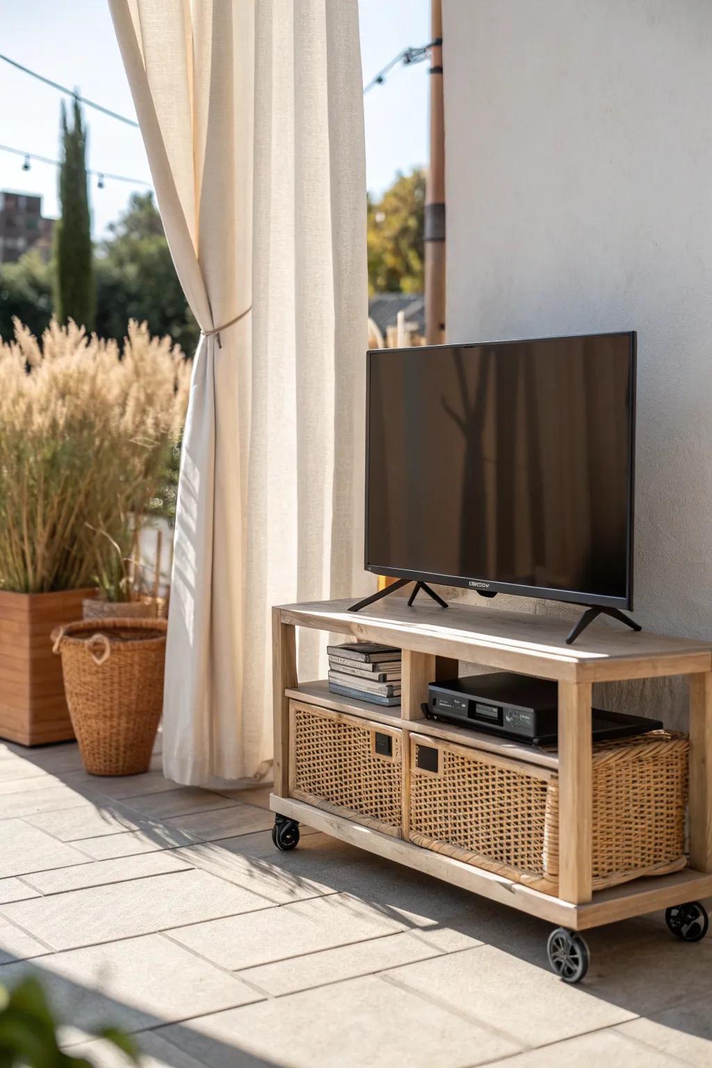 A rolling “pop-up” TV stand that tucks away indoors—perfect for the tiniest patio nights.