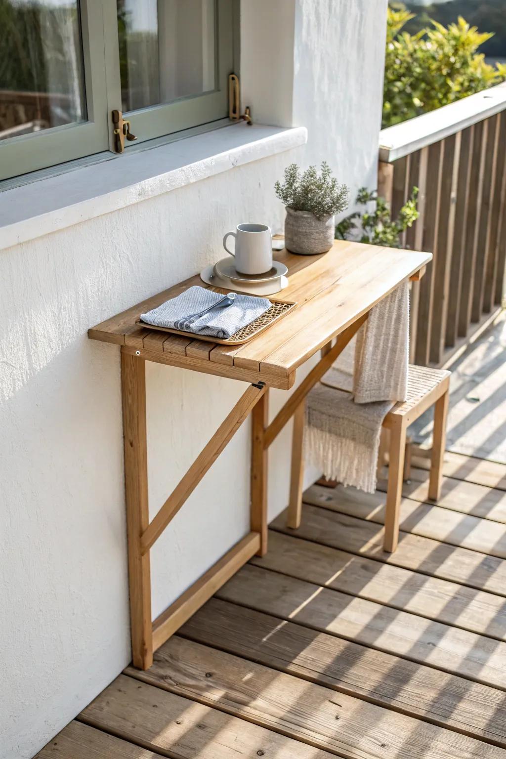 Fold-down wall table: a tiny-porch “table moment” that disappears when you’re done.