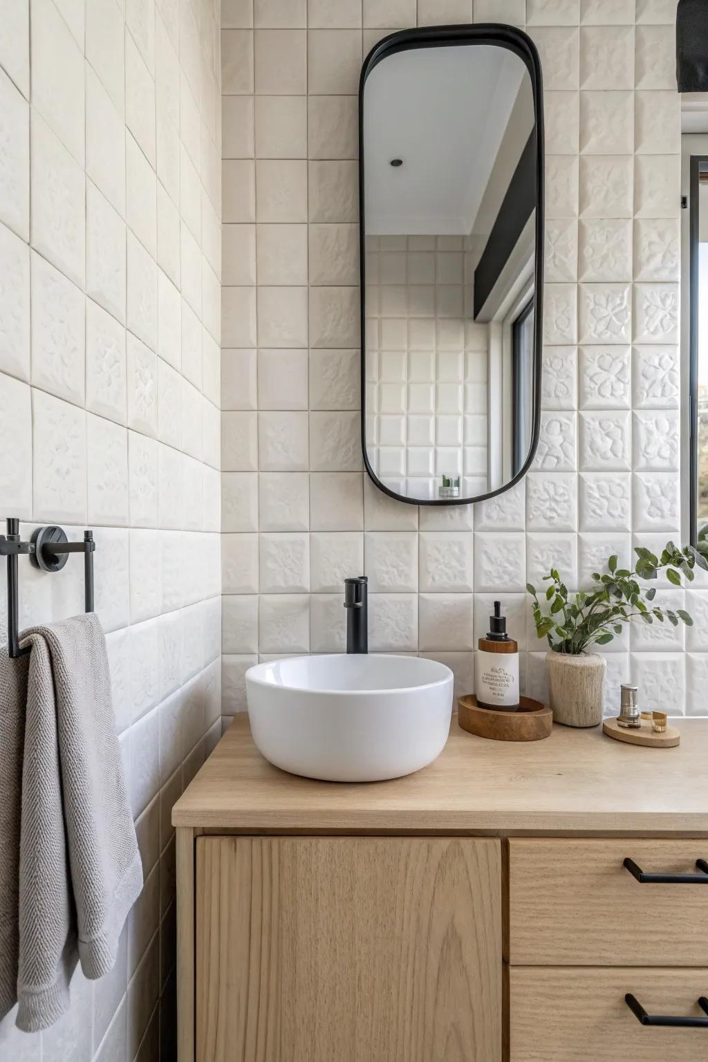 A tiled canopy above the vanity turns a tiny powder room into a boutique-hotel surprise.