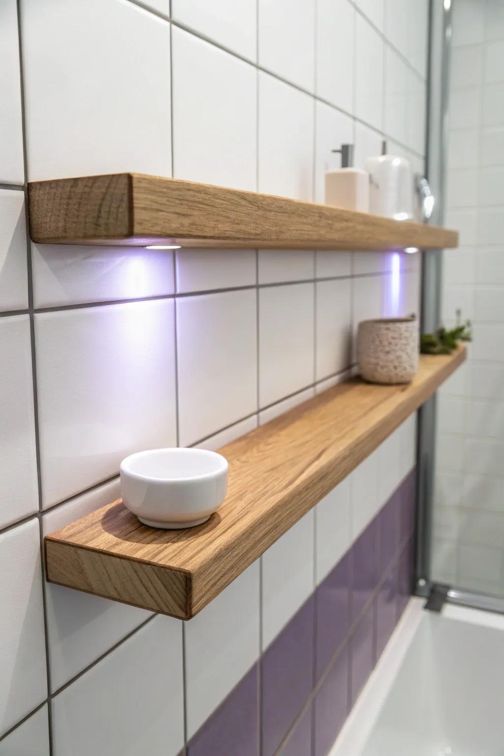 A tiny oak shelf + soft purple underglow turns small bathroom storage into a dreamy night light.