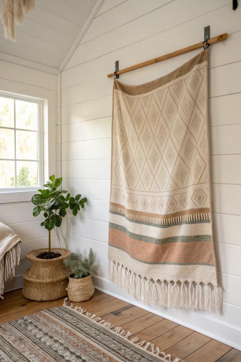 Turn a vintage woven ranch blanket into statement wall art for a small living room.