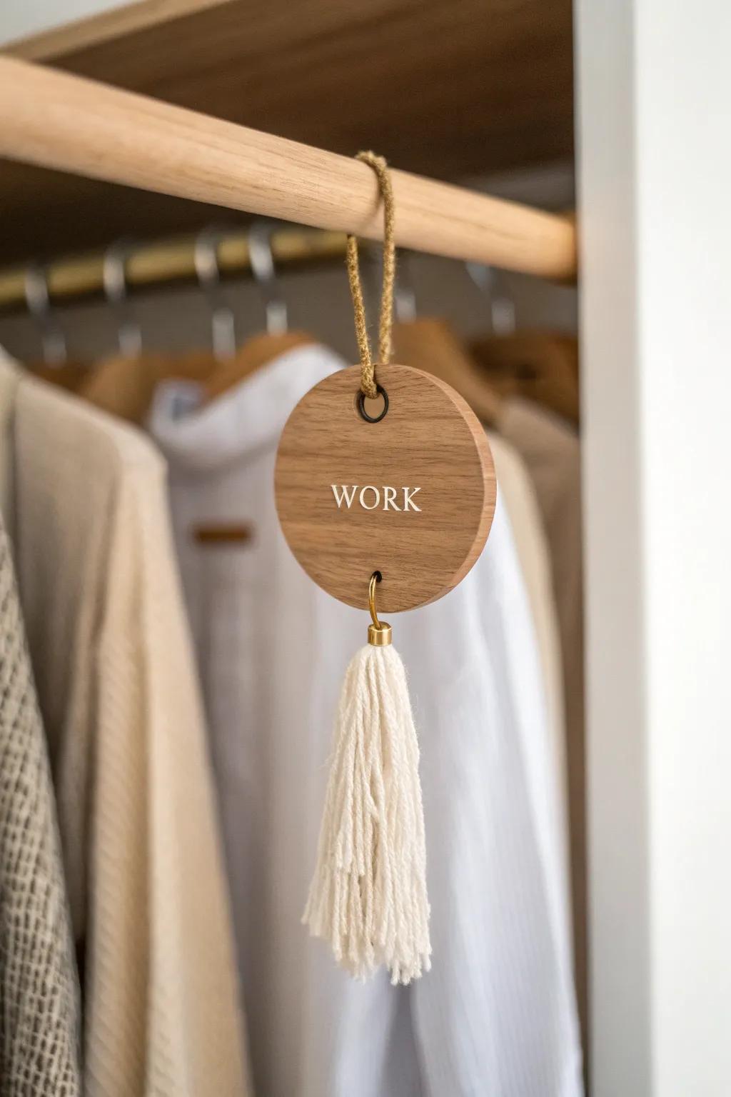 Label closet zones like a tiny boutique—this “WORK” tag makes tidy storage feel effortless.
