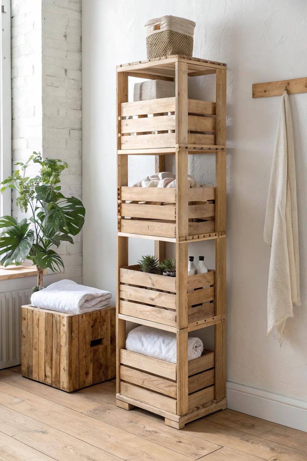 Stacked wooden crates turn into sleek cubbies—budget shelving that reads curated, not cluttered.