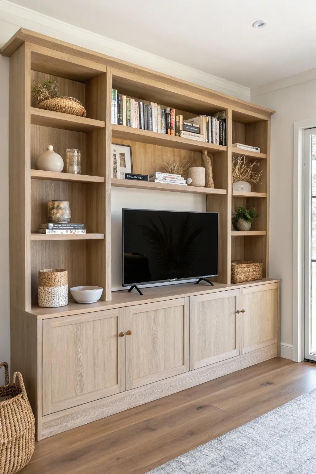 Turn a TV wall into a cozy mini‑library by framing the screen with airy oak shelves.