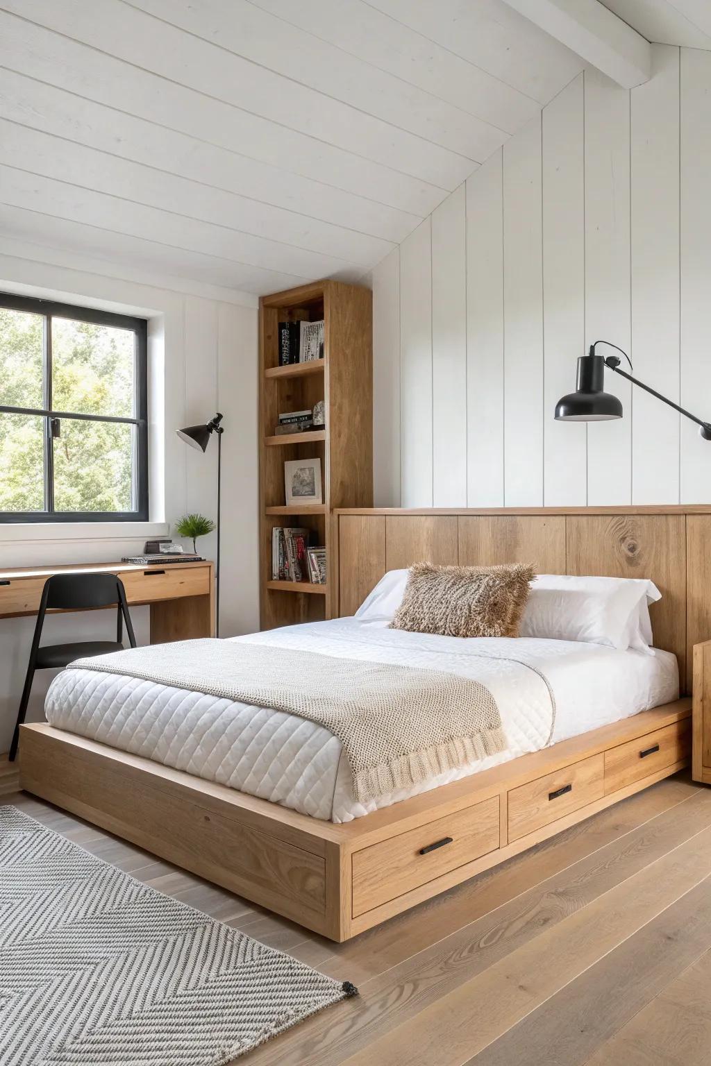 Raised platform queen bed with a tucked-in desk niche—big function in a tiny room.