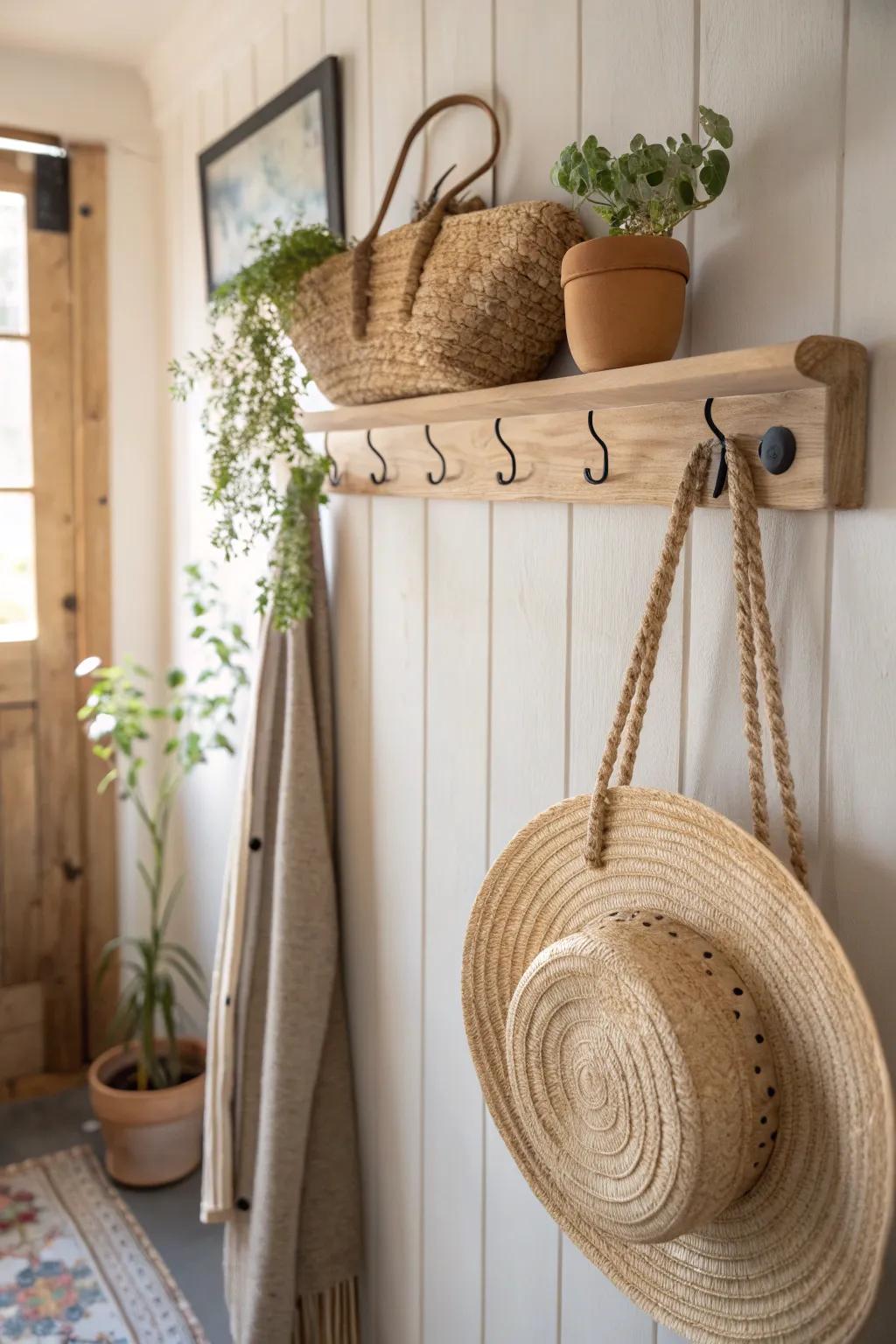 A simple peg rail turns blank wall space into rustic storage with soft Scandi-boho charm.
