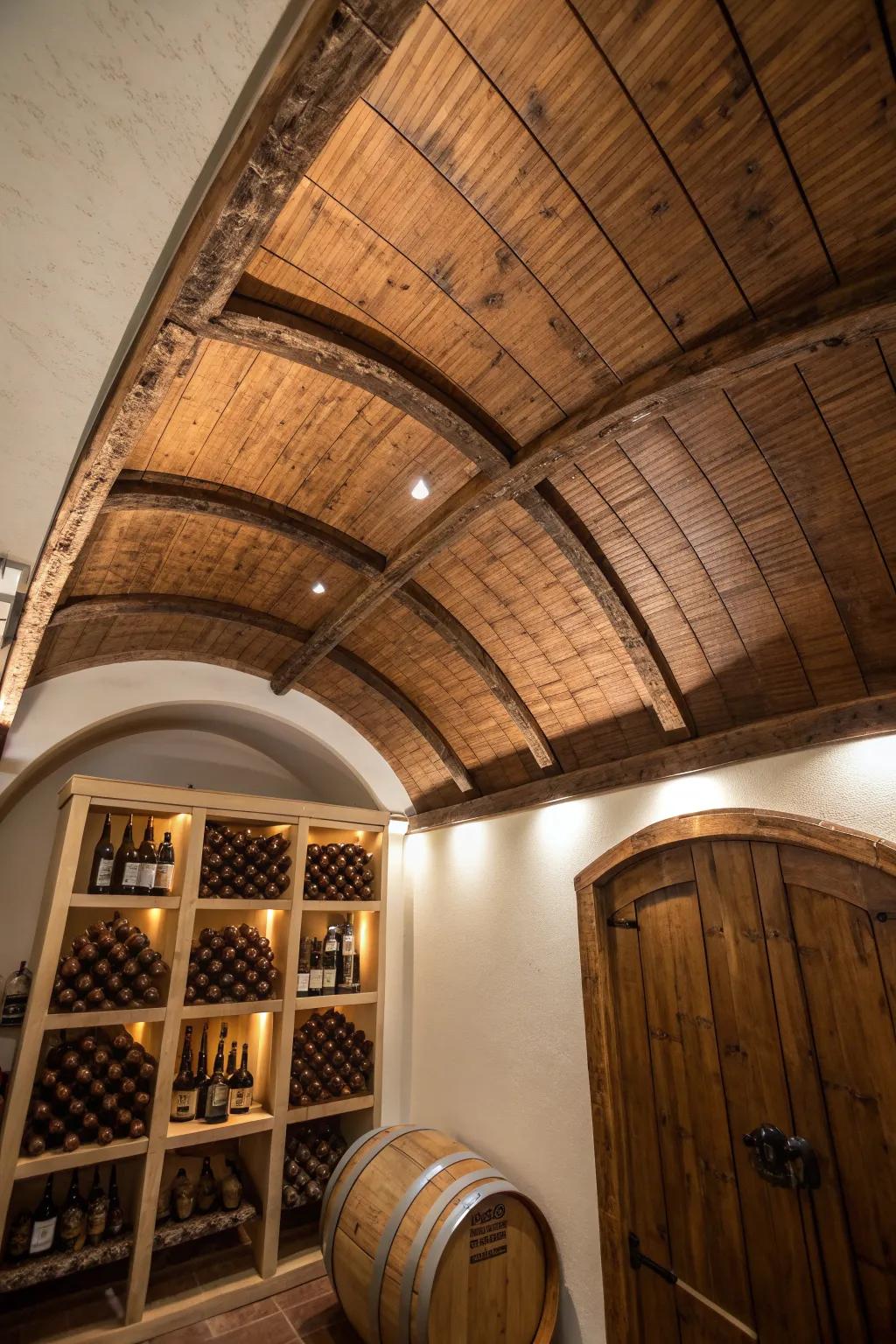 Curved barrel-stave ceiling adds instant vineyard drama—perfect for a tiny rustic cellar nook.