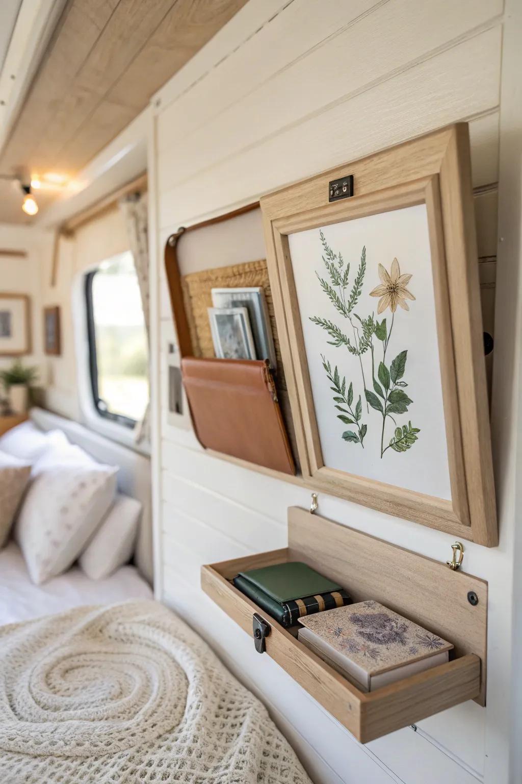 A framed print that swings open to reveal a hidden wall vault—perfect for tiny RV bedroom storage.