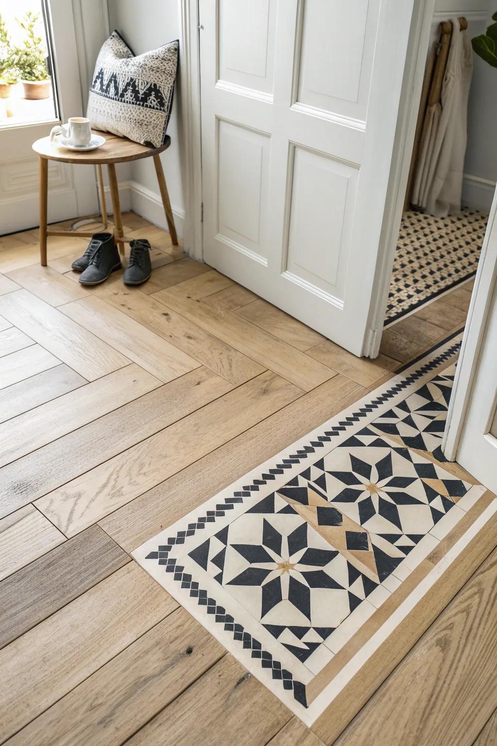 A bold patterned tile adds designer impact—keep everything else light, clean, and calm.