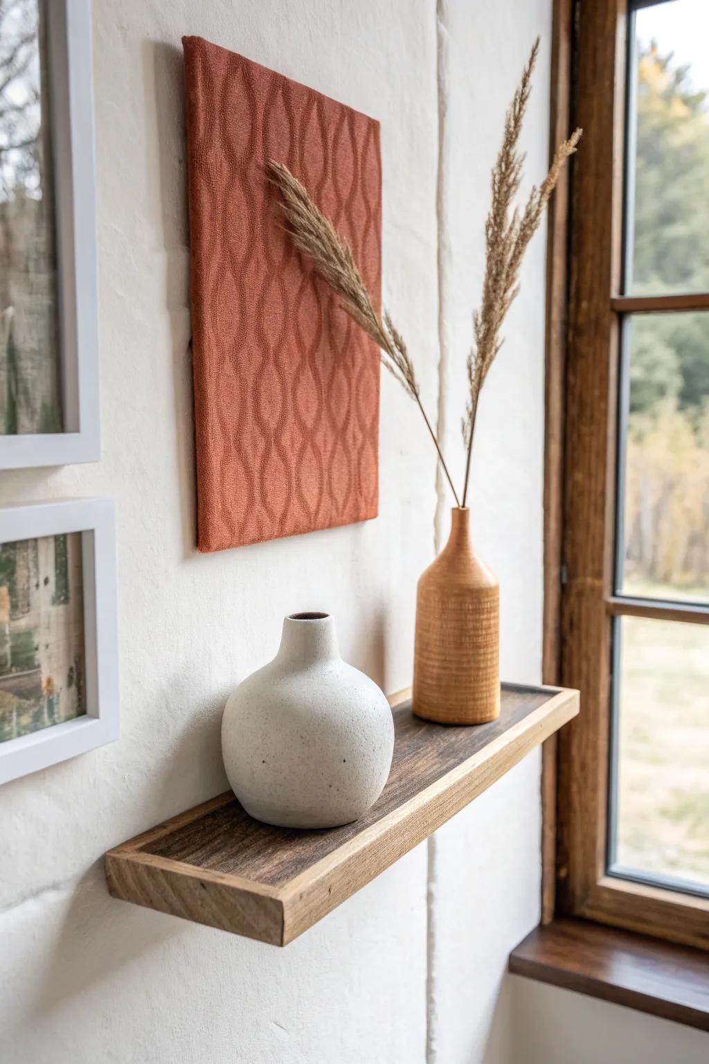A removable textured panel behind a tiny shelf adds instant custom contrast—renter friendly.