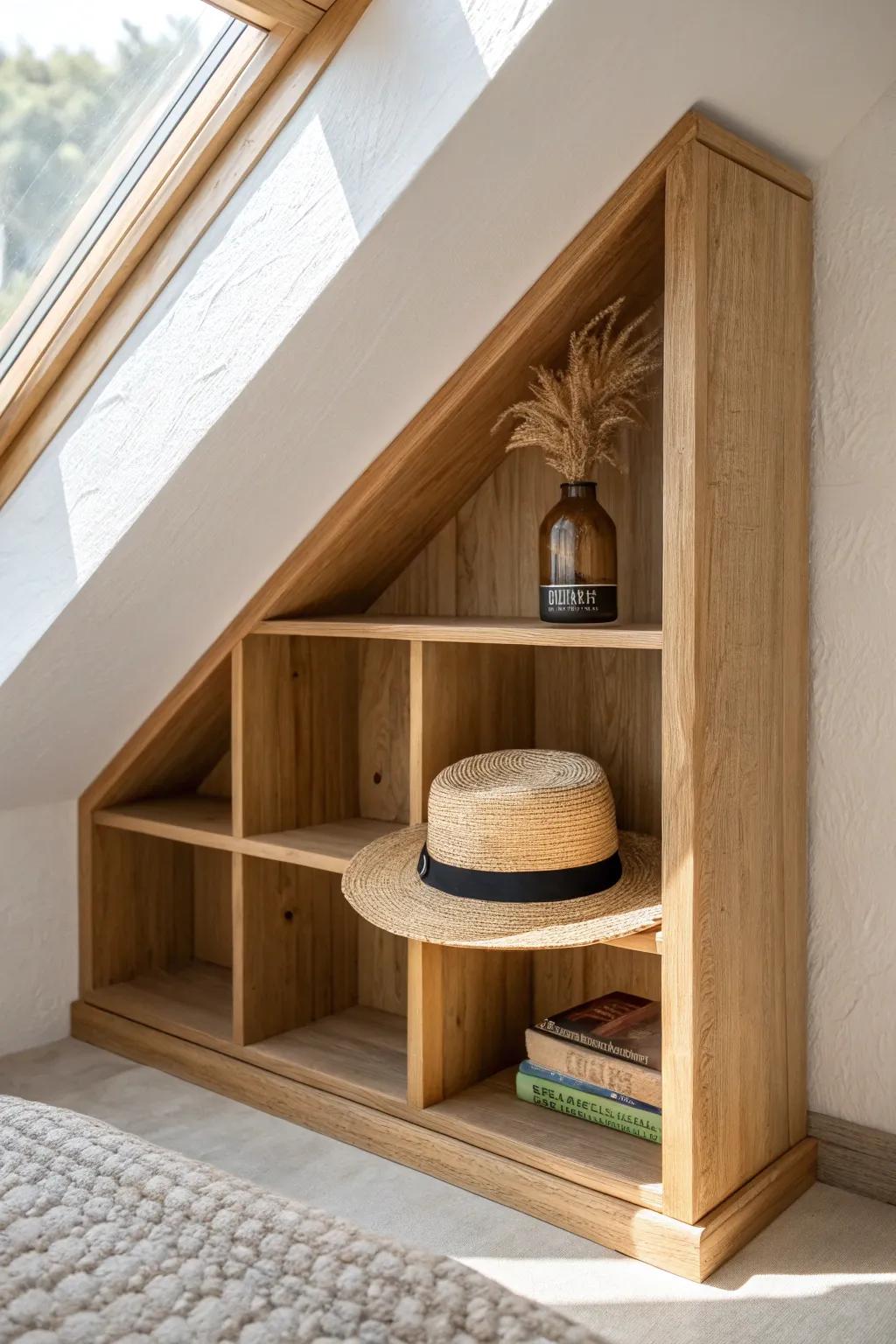 Angled cubbies that match the roofline—perfect for hats, bags, and cozy attic style.