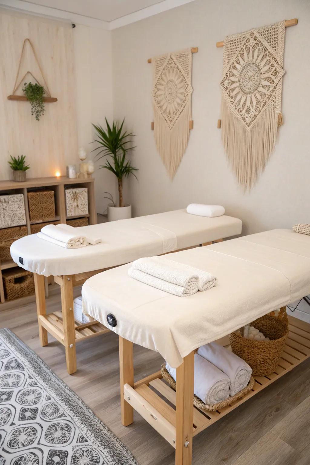 Snug but chic: two slim tables side-by-side create a polished couples massage nook.