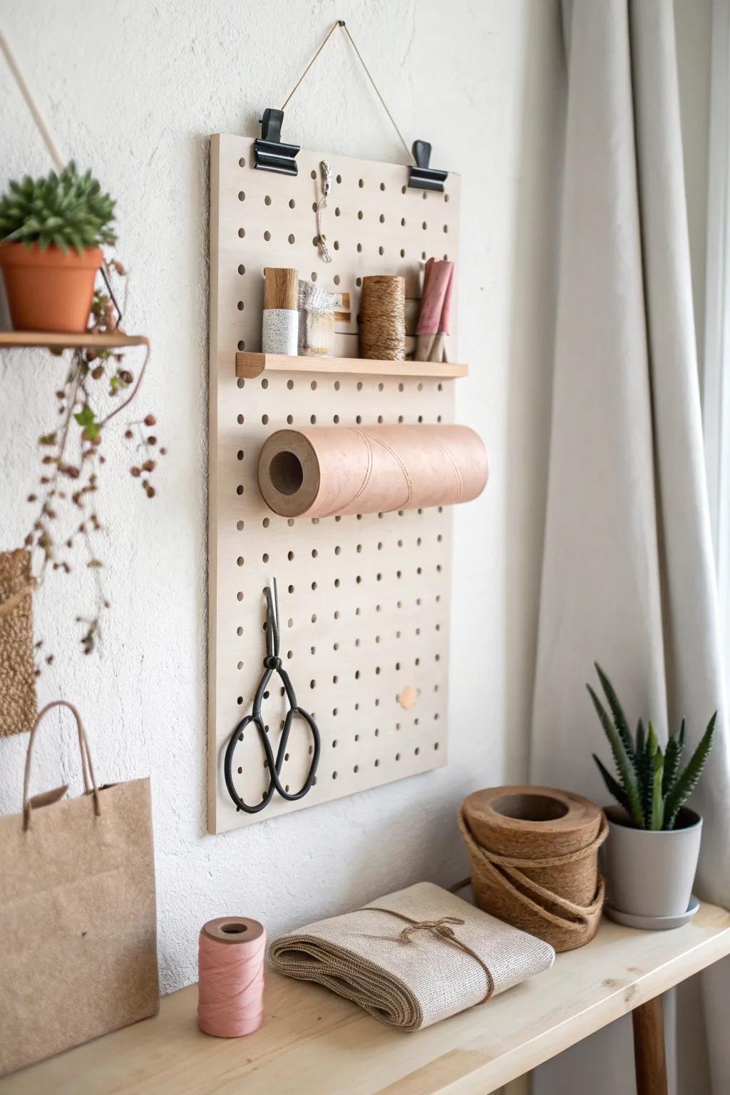 A minimalist pegboard craft station that keeps a tiny spare room tidy and guest-ready.